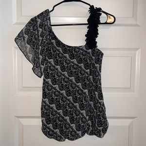 Black and white flower petal dressy blouse